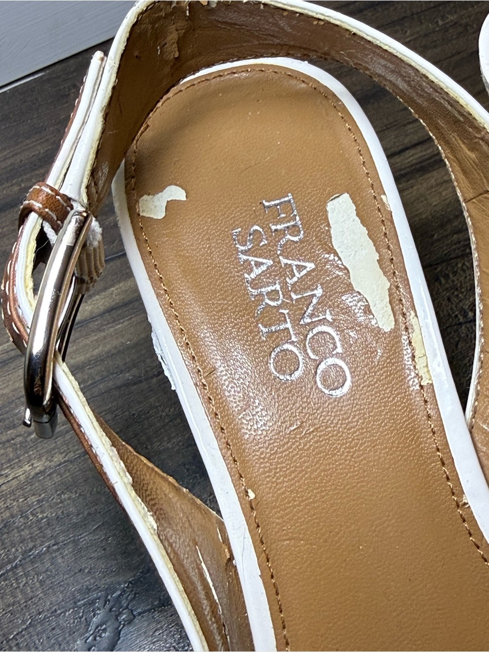 Franco Sarto Brown White Leather Sling Back Peep Toe Sandal Heels Size 7M - Picture 3 of 8